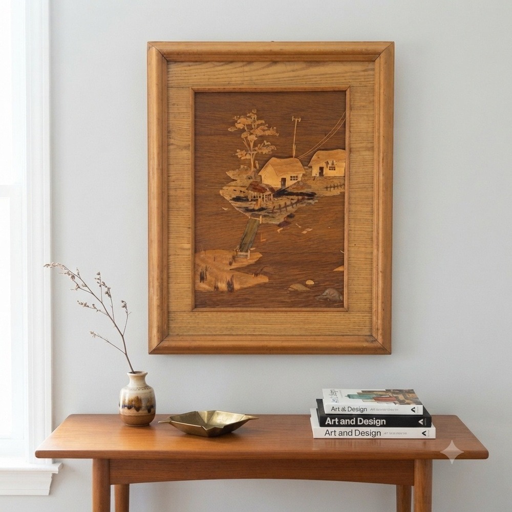 Vintage 3D Wood Relief Landscape, 16x21 Framed Art, Mid-Century Folk Decor